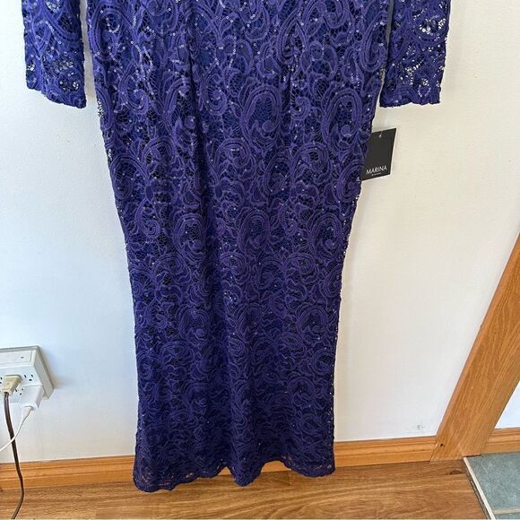 Marina Long Sleeve Illusion Neckline Sequined Lace Dress in Cobalt Blue - Picture 5 of 14